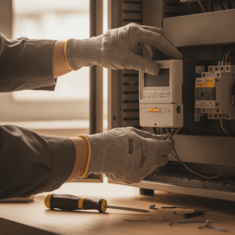 Technicien installant un compteur divisionnaire pour le sous-comptage énergétique en bâtiment tertiaire