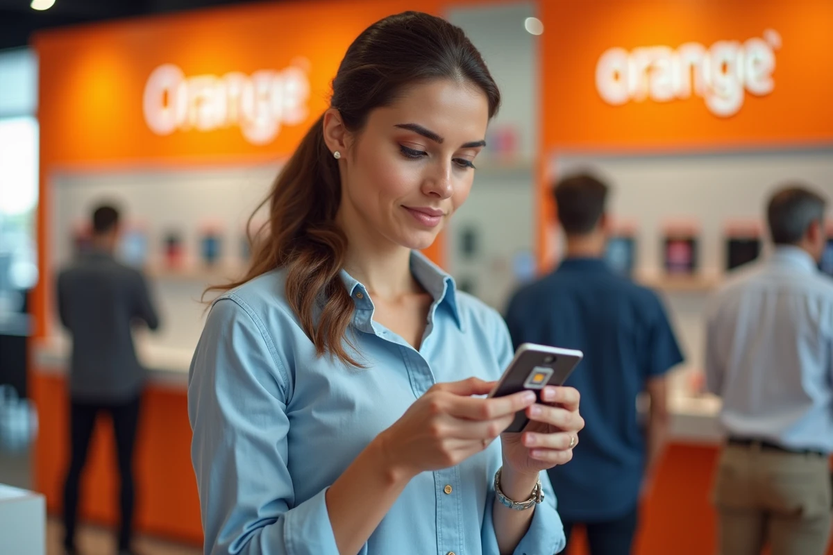 Femme en boutique Orange tenant un forfait carte SIM en main pour comparer les prix