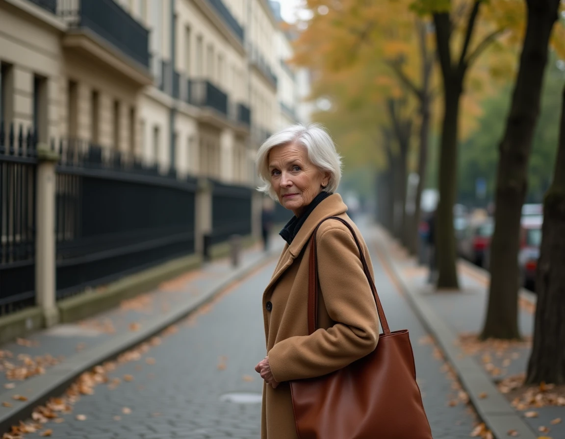 Femme mature et discrète marchant seule sur un trottoir pavé parisien en automne, symbolisant l'intimité et la vie loin des projecteurs d'une actrice française