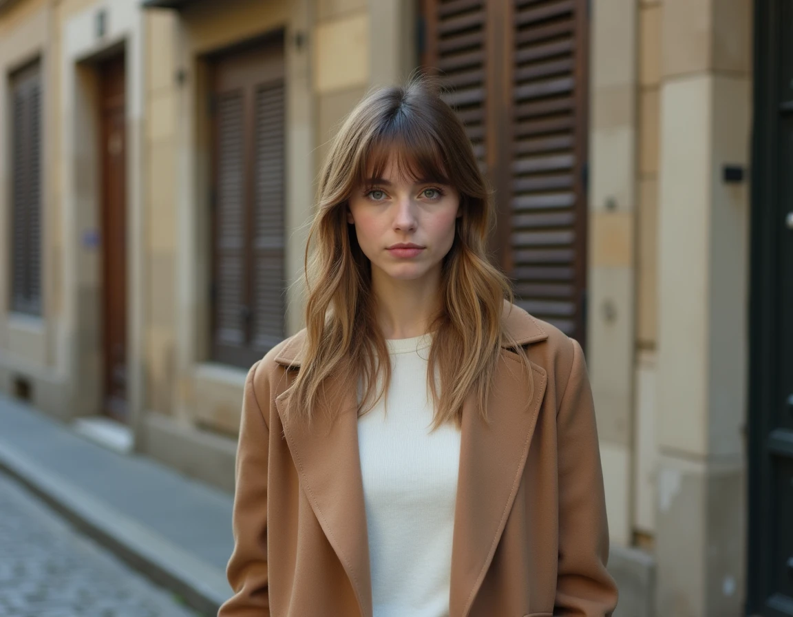 Actrice de la série Un si grand soleil photographiée en extérieur dans une rue pavée parisienne, style éditorial authentique
