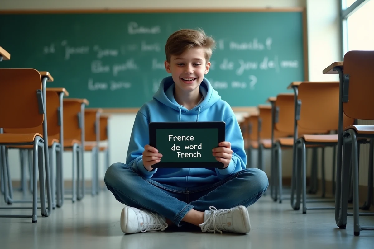 Adolescent jouant à un jeu d'orthographe sur tablette dans une salle de classe moderne