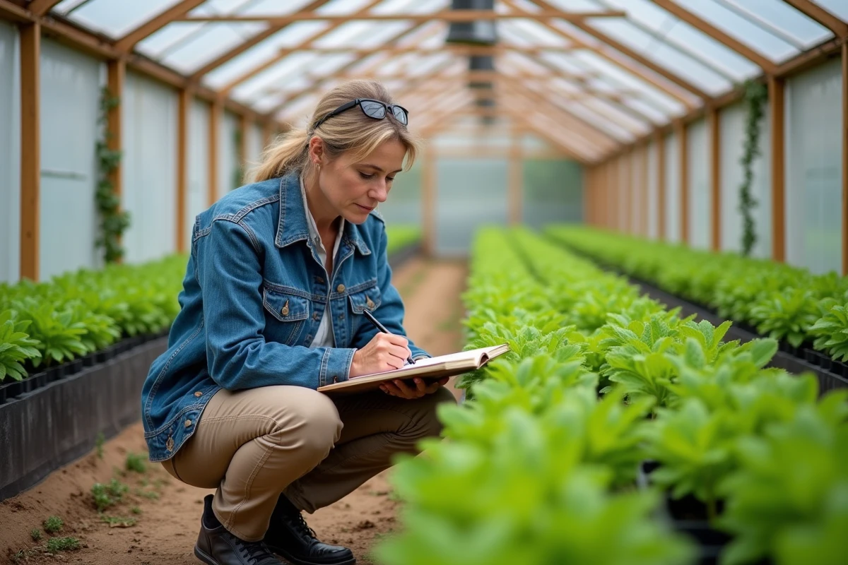 Femme agronome observe les jeunes plants dans une serre