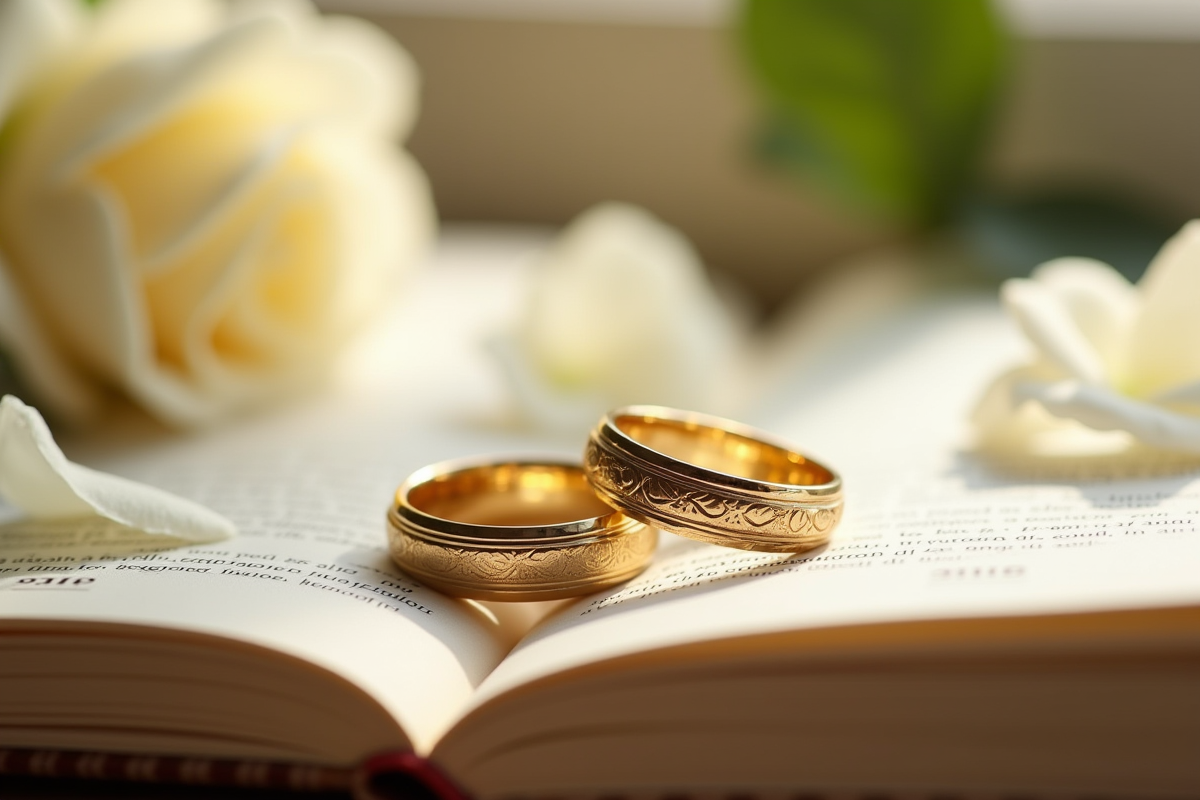 Alliances en or sur un livre avec des roses blanches