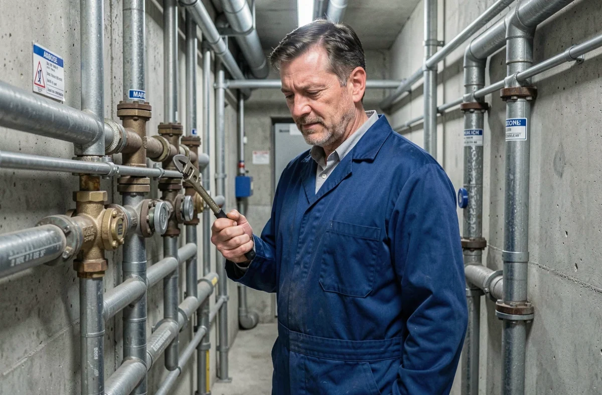 Plombier d'Allut et Associes inspectant un réseau de tuyauterie industrielle dans un couloir technique d'un bâtiment commercial à Amboise