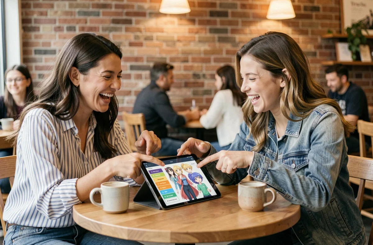 Deux amies dans un café riant ensemble en comparant leurs husbandos d'anime préférés sur une tablette