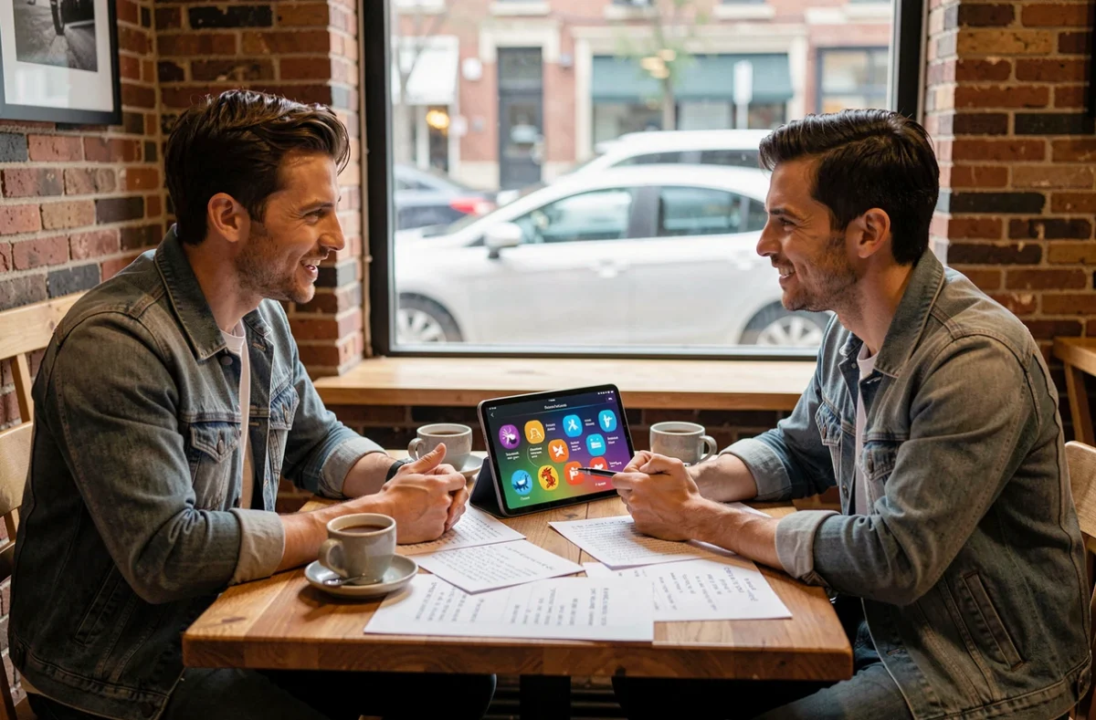 Deux amis analysant un tableau de faiblesses du type Dragon sur une tablette dans un café, entourés de notes manuscrites