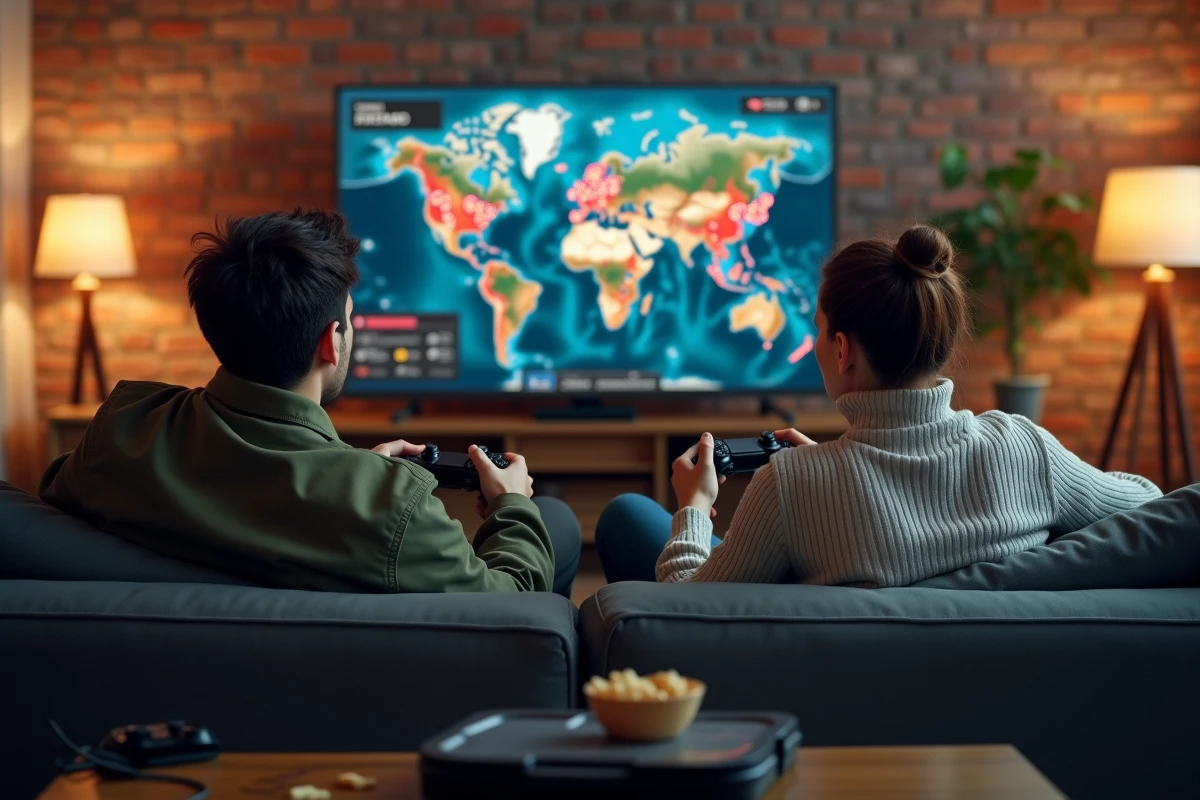 Deux amis jouant ensemble à un jeu de guerre en ligne sur console dans un appartement moderne