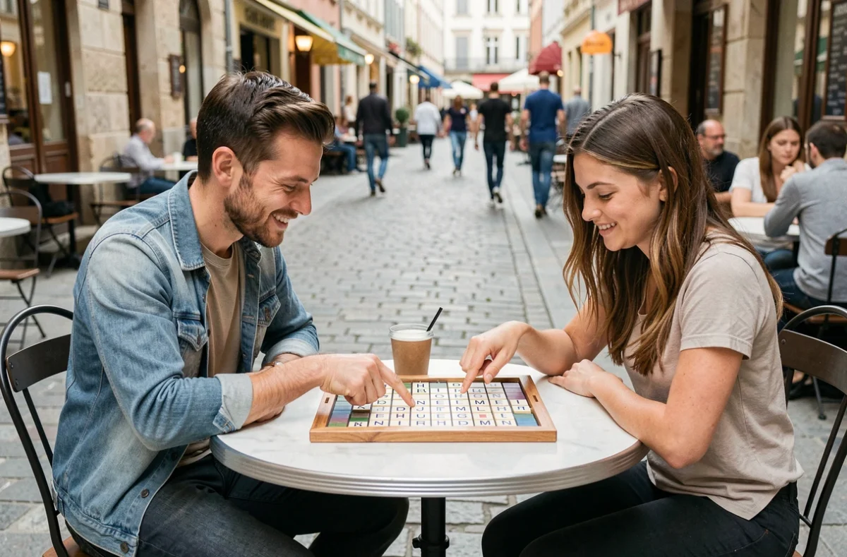 Deux amis jouant au Scrabble en terrasse de café avec des lettres précises posées sur le plateau