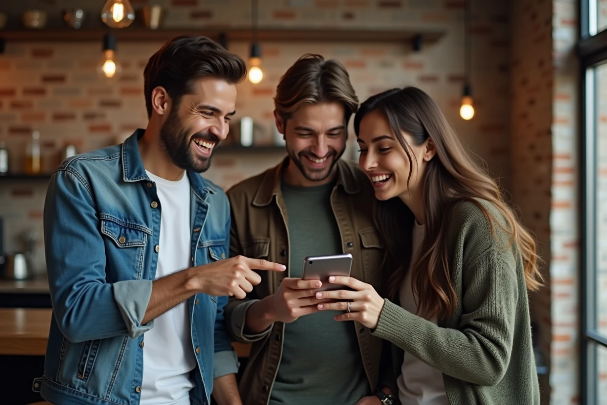Groupe d'amis riant d'un gif anniversaire amusant sur un smartphone dans un café