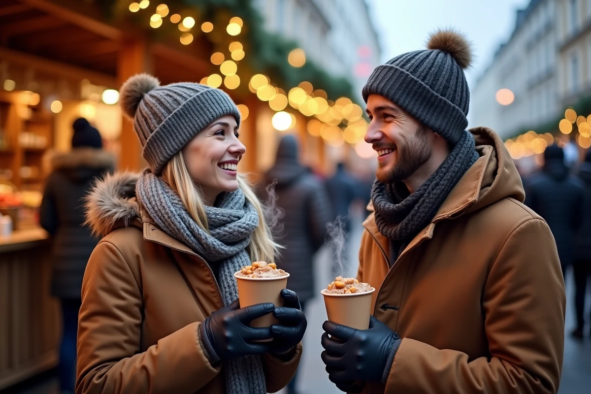 Deux amis dégustant du vin chaud et des marrons chauds au marché de Noël de Lyon en hiver