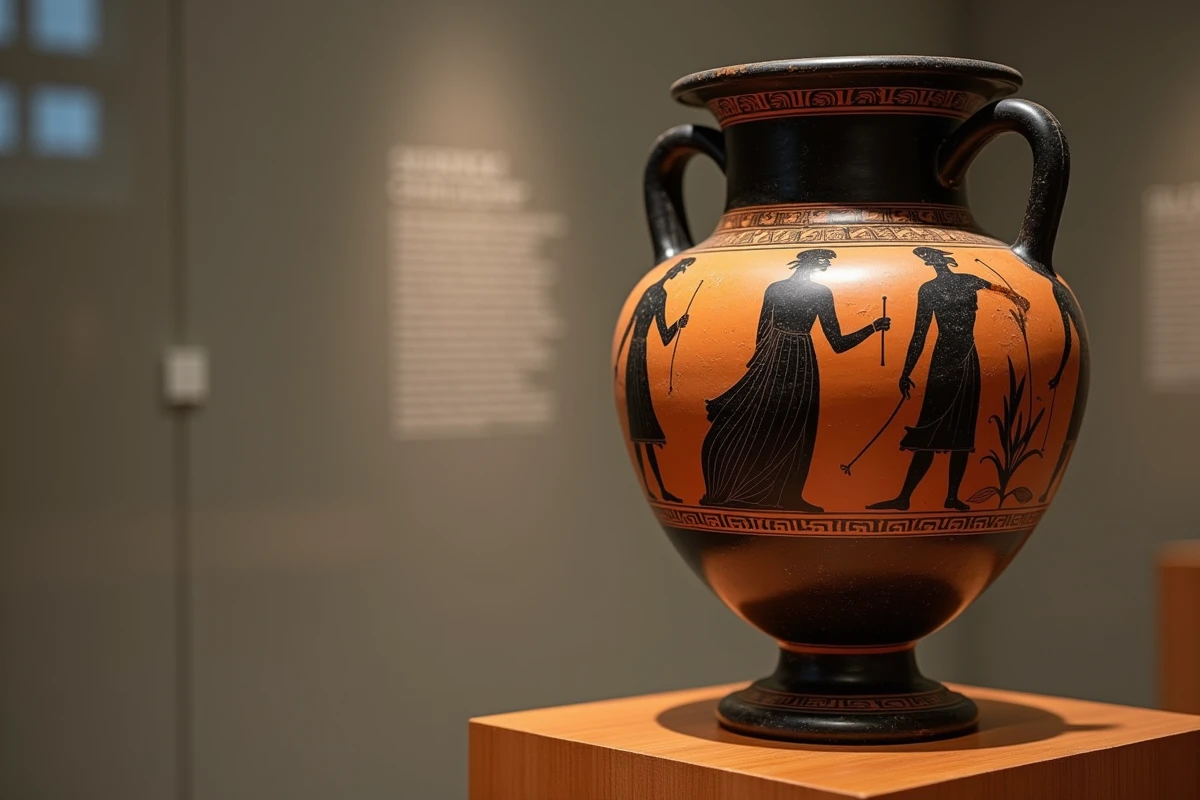 Détail d'une amphore grecque ancienne peinte représentant Triton et les Néréides, figures mythologiques de la mer, style céramique à figures noires