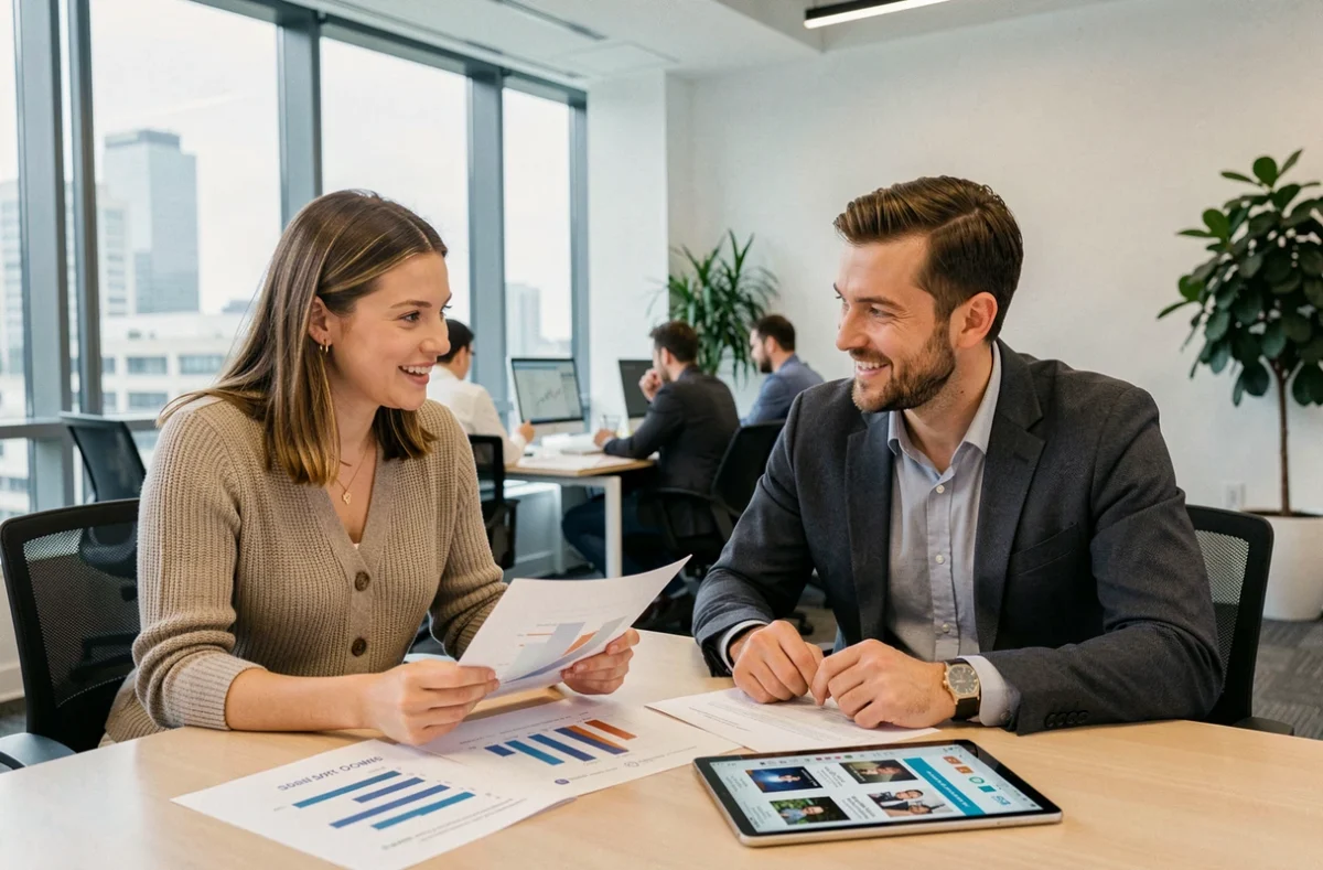 Deux collègues analysant un comparatif entre Dynamometre.fr et de grandes marketplaces autour d'une table de réunion
