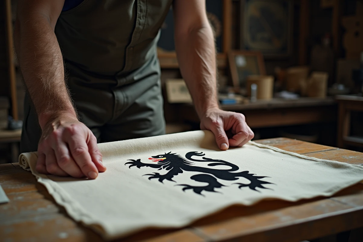 Artisan breton examinant les motifs hermine d'un drapeau breton dans un atelier traditionnel
