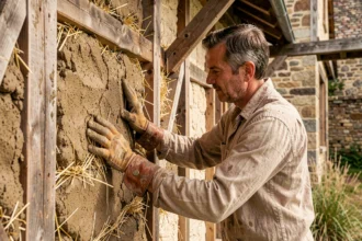 Artisan appliquant du torchis traditionnel à base d'argile et de paille sur une ossature en bois d'une maison à colombages en cours de restauration