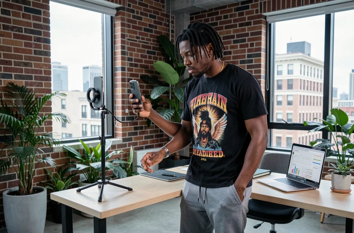 Artiste reggae filmant du contenu pour les réseaux sociaux depuis son appartement urbain moderne