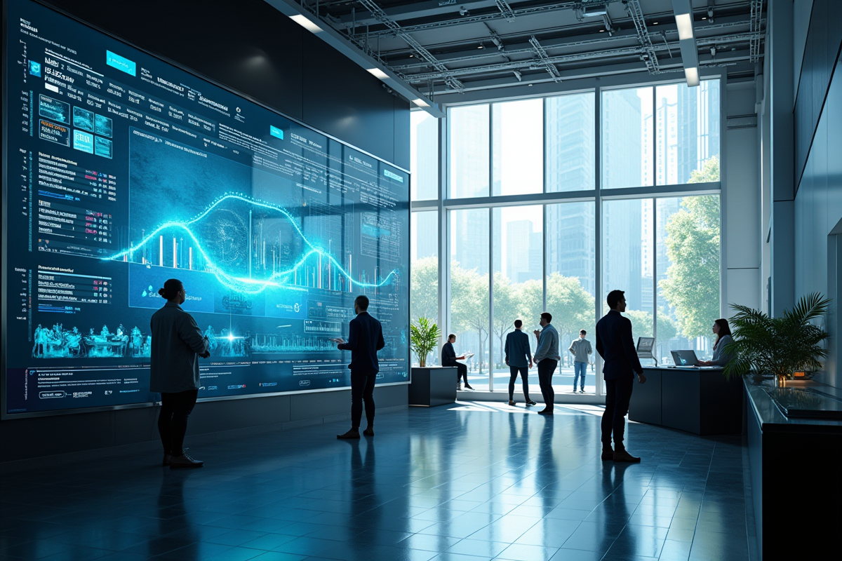Intérieur d une banque futuriste avec écrans holographiques et personnes interactives