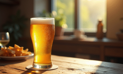 Bière dorée sans gluten avec mousse sur table en bois