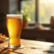 Bière dorée sans gluten avec mousse sur table en bois