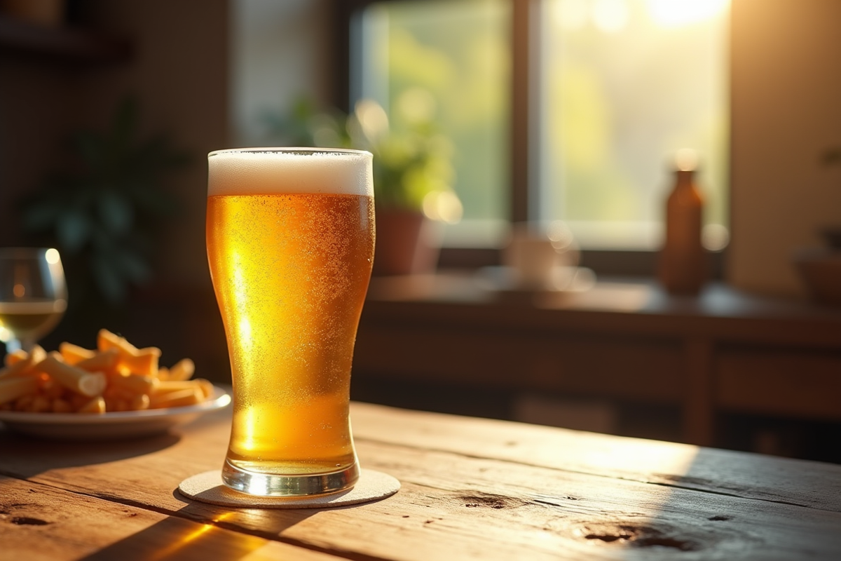 Bière dorée sans gluten avec mousse sur table en bois
