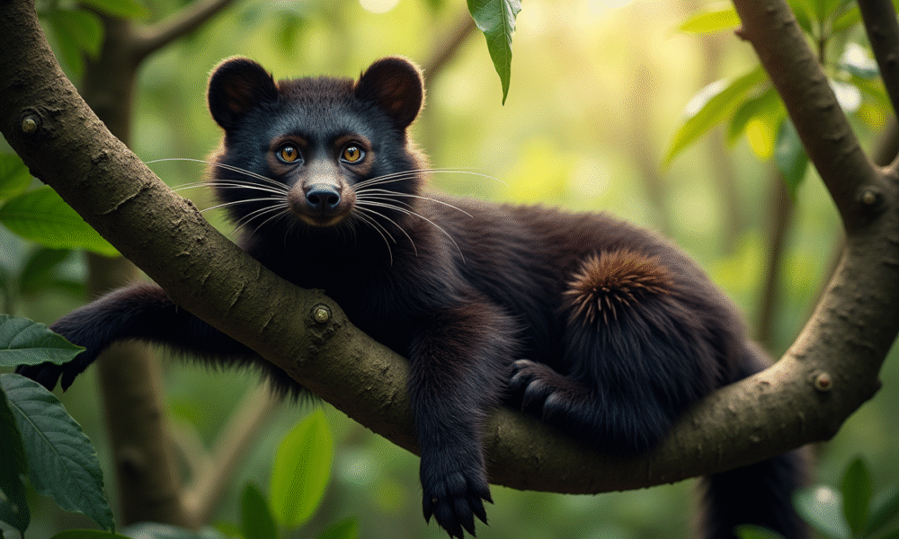 Binturong reposant dans un arbre luxuriant de forêt