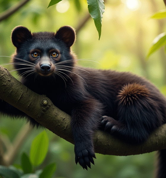 Binturong reposant dans un arbre luxuriant de forêt