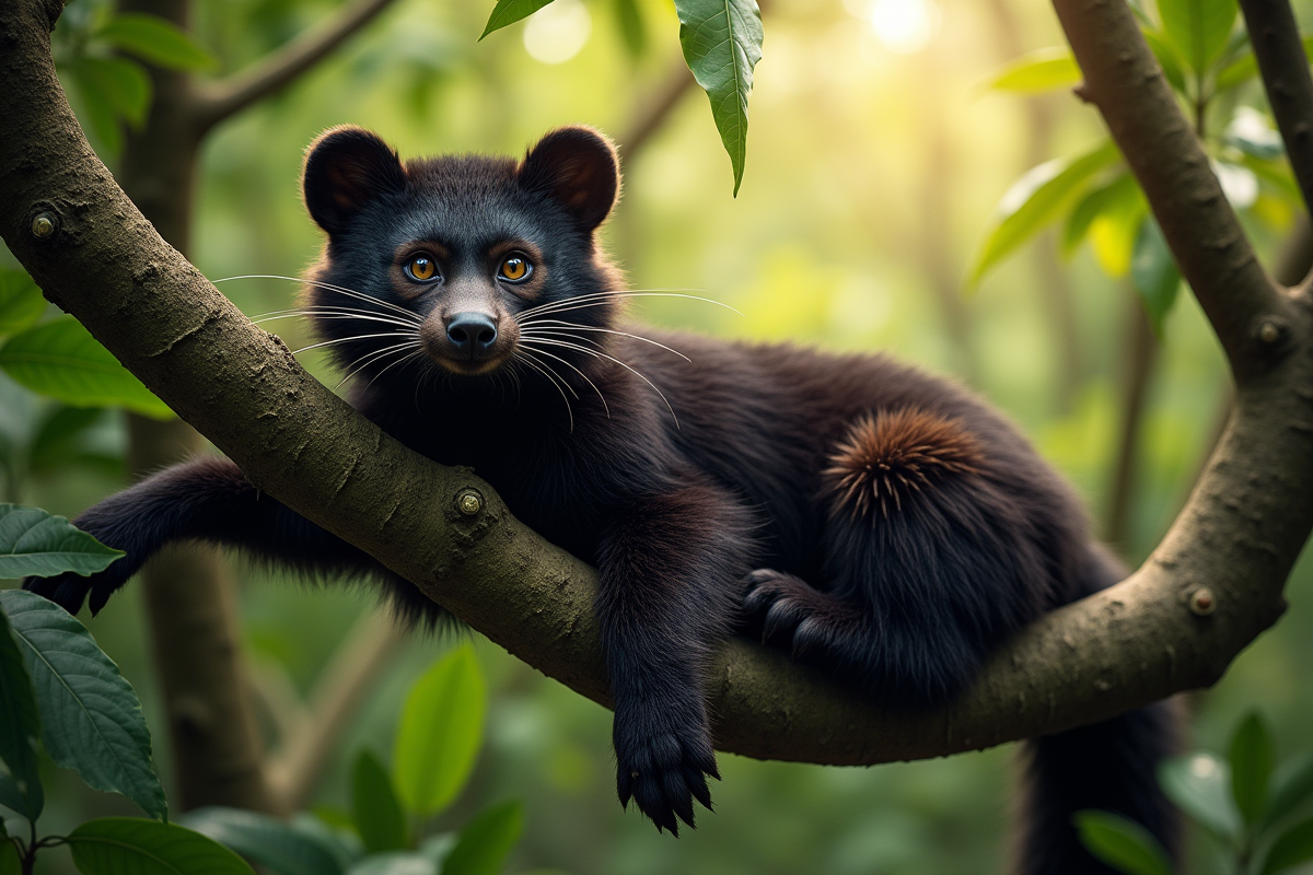 Binturong reposant dans un arbre luxuriant de forêt