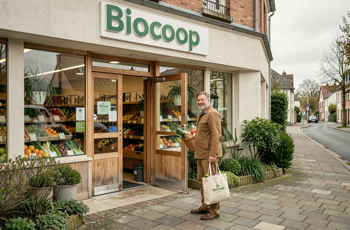 Façade du magasin Biocoop de Roissy-en-Brie avec un client sortant avec un sac de courses bio en toile