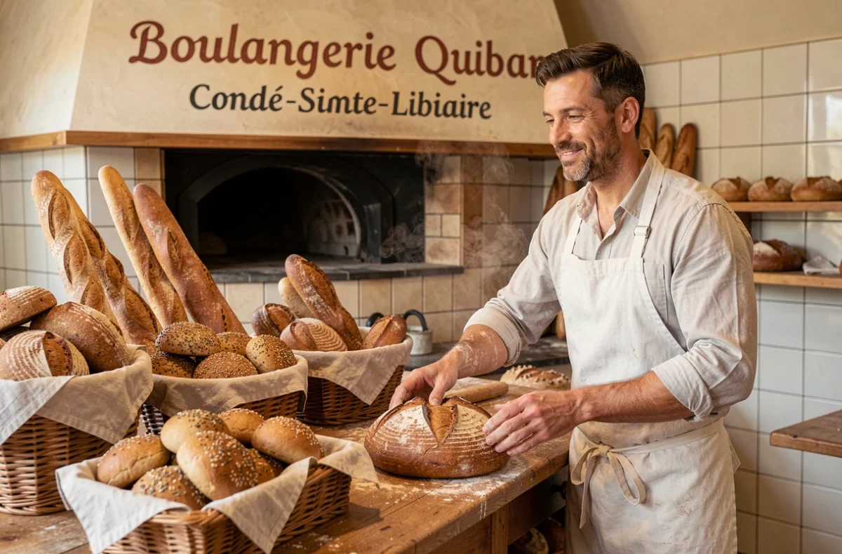 Boulanger de la Boulangerie Quiban à Condé-Sainte-Libiaire déposant un pain bio au levain sur le comptoir