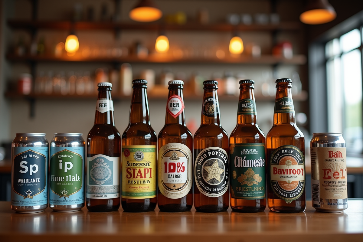 Plusieurs bouteilles et canettes de biere sans gluten sur bar