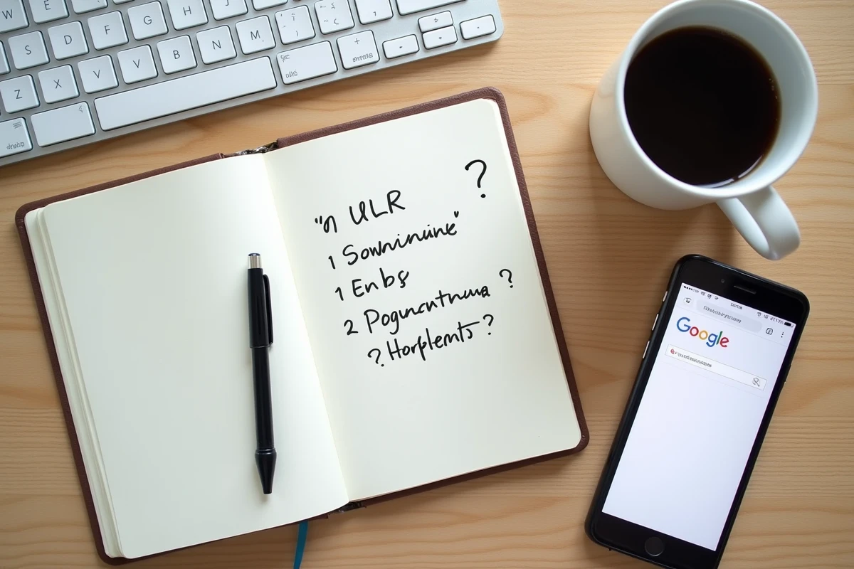 Vue aérienne d'un bureau avec clavier, carnet de notes manuscrites sur des adresses web et smartphone affichant un navigateur