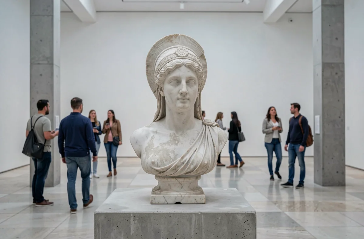 Buste en marbre d'Athéna exposé dans un musée d'art contemporain, illustrant la permanence du mythe grec dans la culture moderne