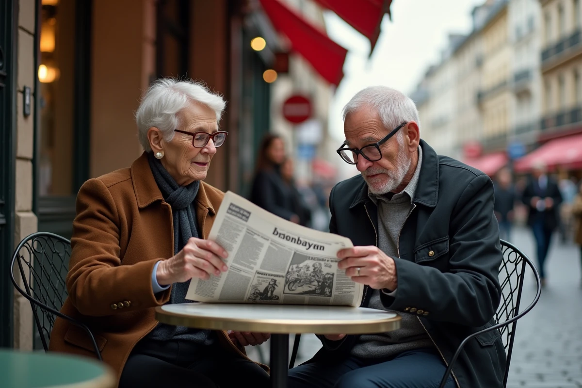 Un couple âgé lisant un journal sur une terrasse de café parisien