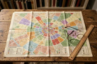 Carte détaillée des arrondissements de Paris posée sur une table en bois, montrant les différences de superficie entre les quartiers