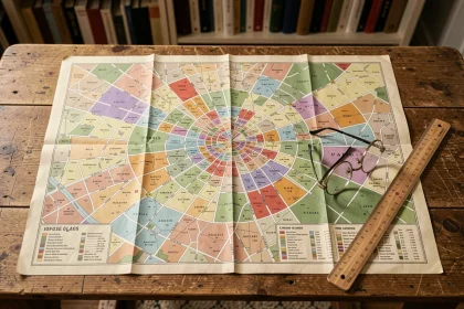 Carte détaillée des arrondissements de Paris posée sur une table en bois, montrant les différences de superficie entre les quartiers