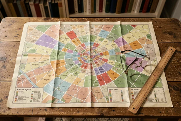 Carte détaillée des arrondissements de Paris posée sur une table en bois, montrant les différences de superficie entre les quartiers