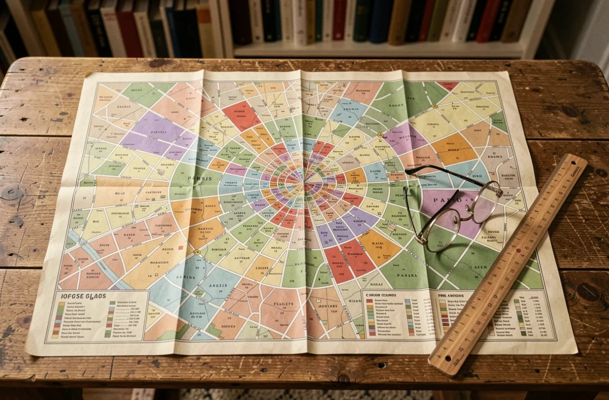 Carte détaillée des arrondissements de Paris posée sur une table en bois, montrant les différences de superficie entre les quartiers
