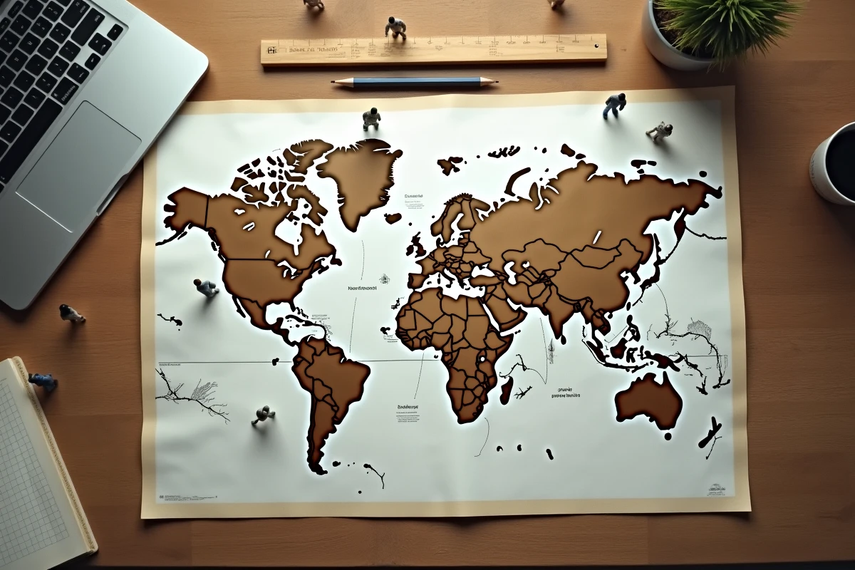 Vue aérienne d'une carte du monde avec des figurines de hauteurs variées représentant la taille moyenne par continent et par pays