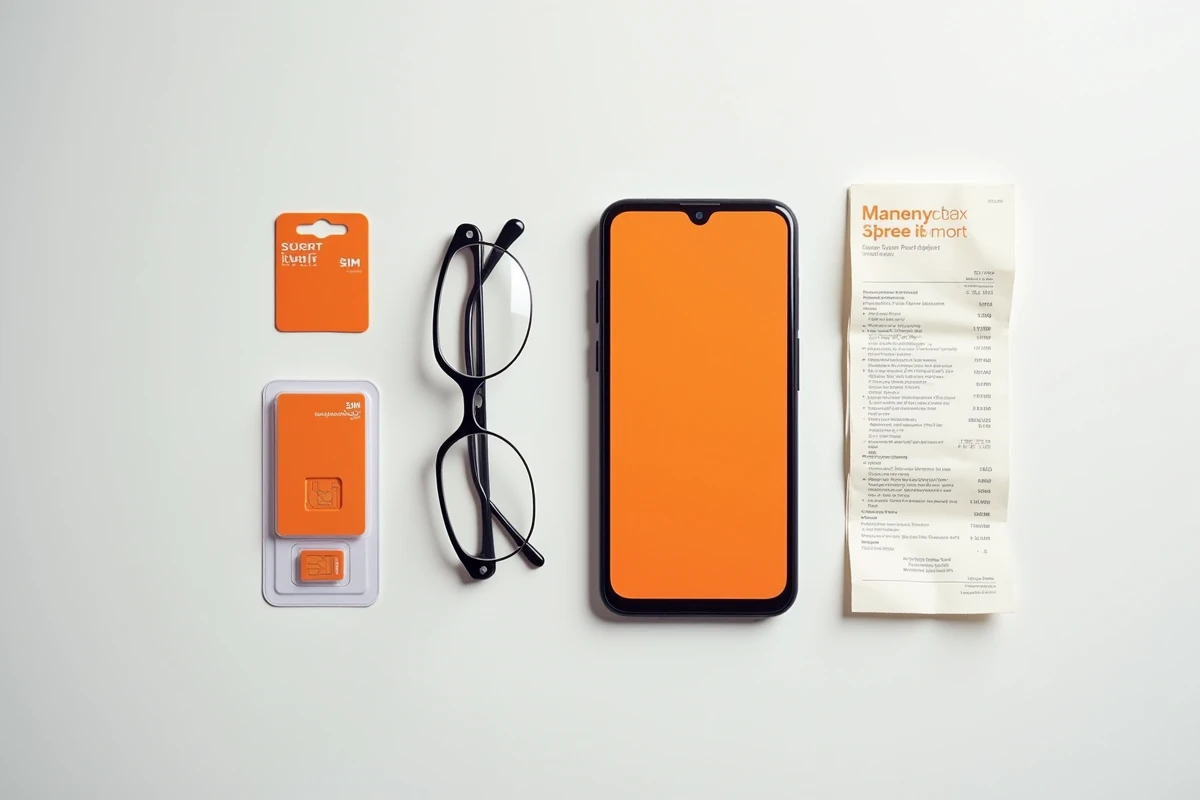 Carte SIM Orange et emballage avec informations de prix posés sur une surface blanche