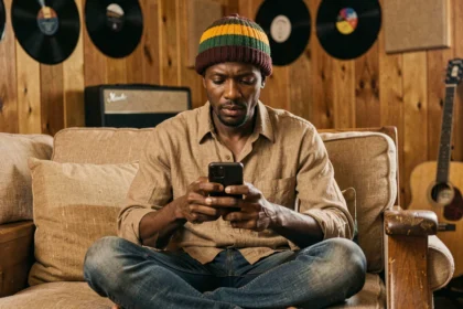 Chanteur de reggae rastafari consultant son smartphone dans un studio d'enregistrement vintage en bois