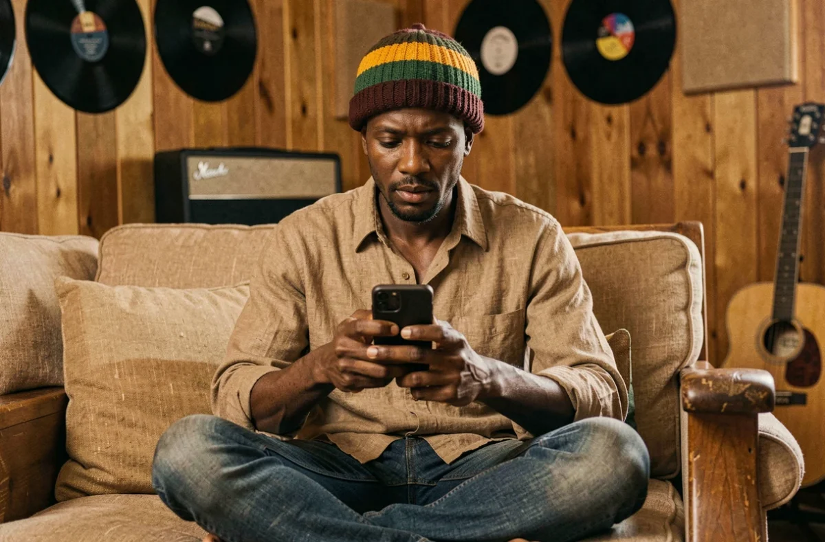 Chanteur de reggae rastafari consultant son smartphone dans un studio d'enregistrement vintage en bois