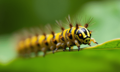 Chenille jaune et noire sur une feuille verte en extérieur