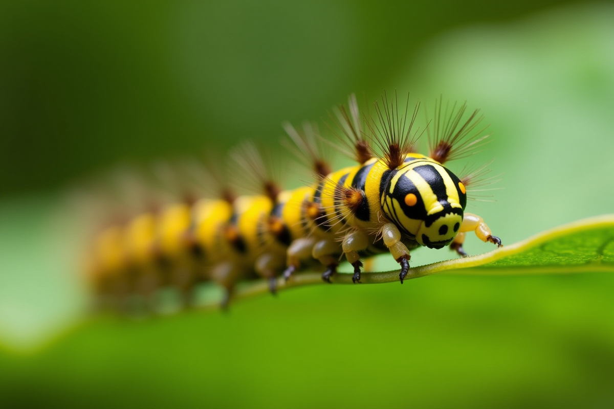 Chenille jaune et noire sur une feuille verte en extérieur