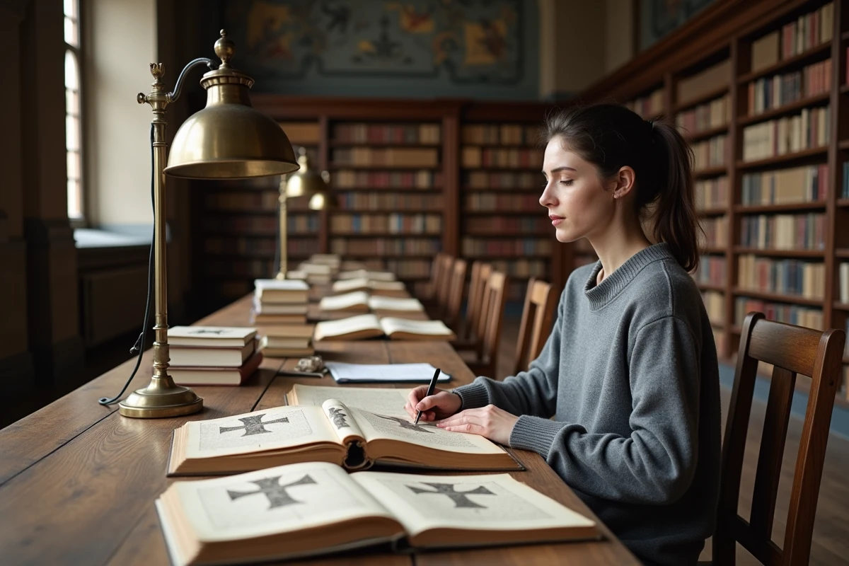 Chercheuse en salle d'archives universitaire consultant des ouvrages médiévaux sur l'héraldique et la Croix de Lorraine