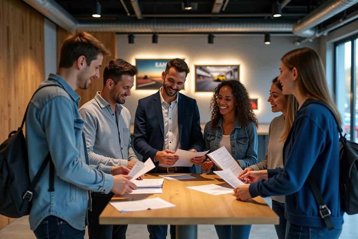 Groupe de collègues discutant et comparant les activités rage room et karting indoor dans un espace de loisirs à Lyon pour organiser une sortie d'entreprise