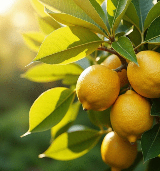 Citronnier en plein soleil avec citrons et feuilles vertes