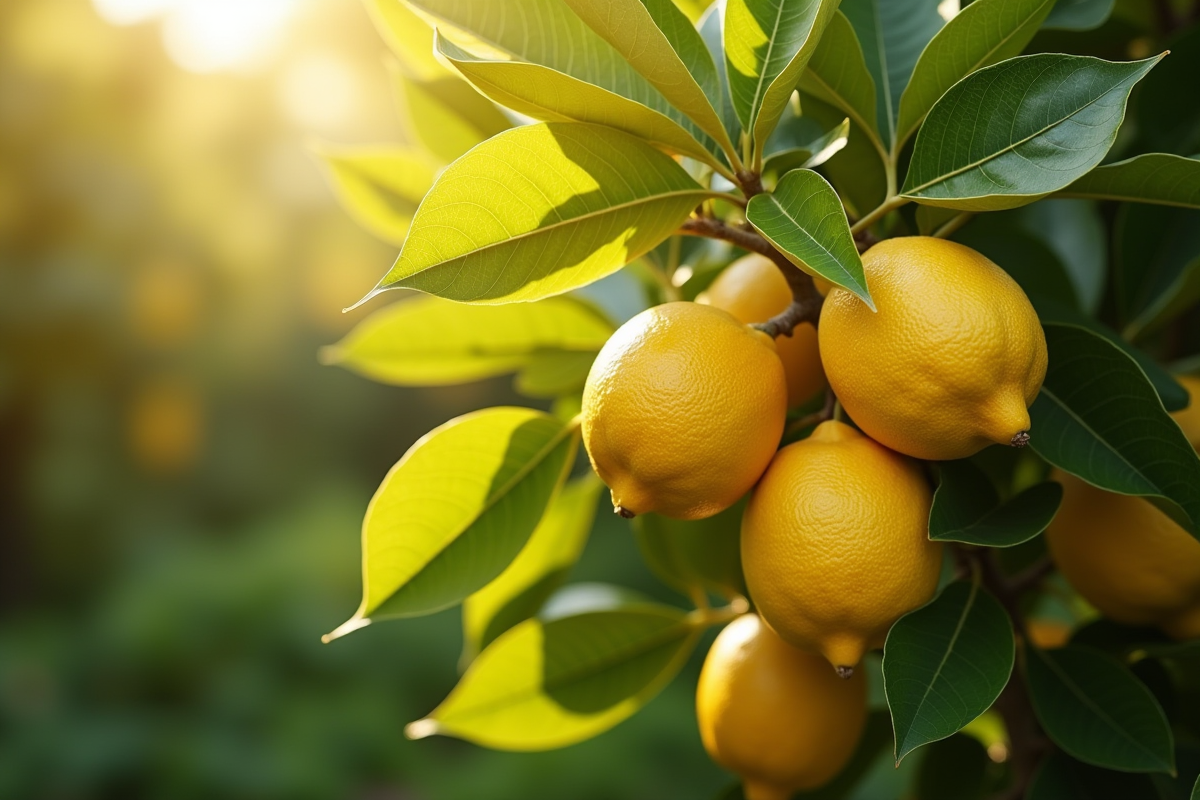 Citronnier en plein soleil avec citrons et feuilles vertes