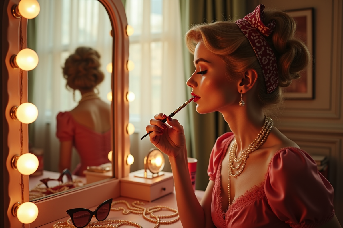Femme glamour des années 50 appliquant du rouge à lèvres dans sa coiffeuse