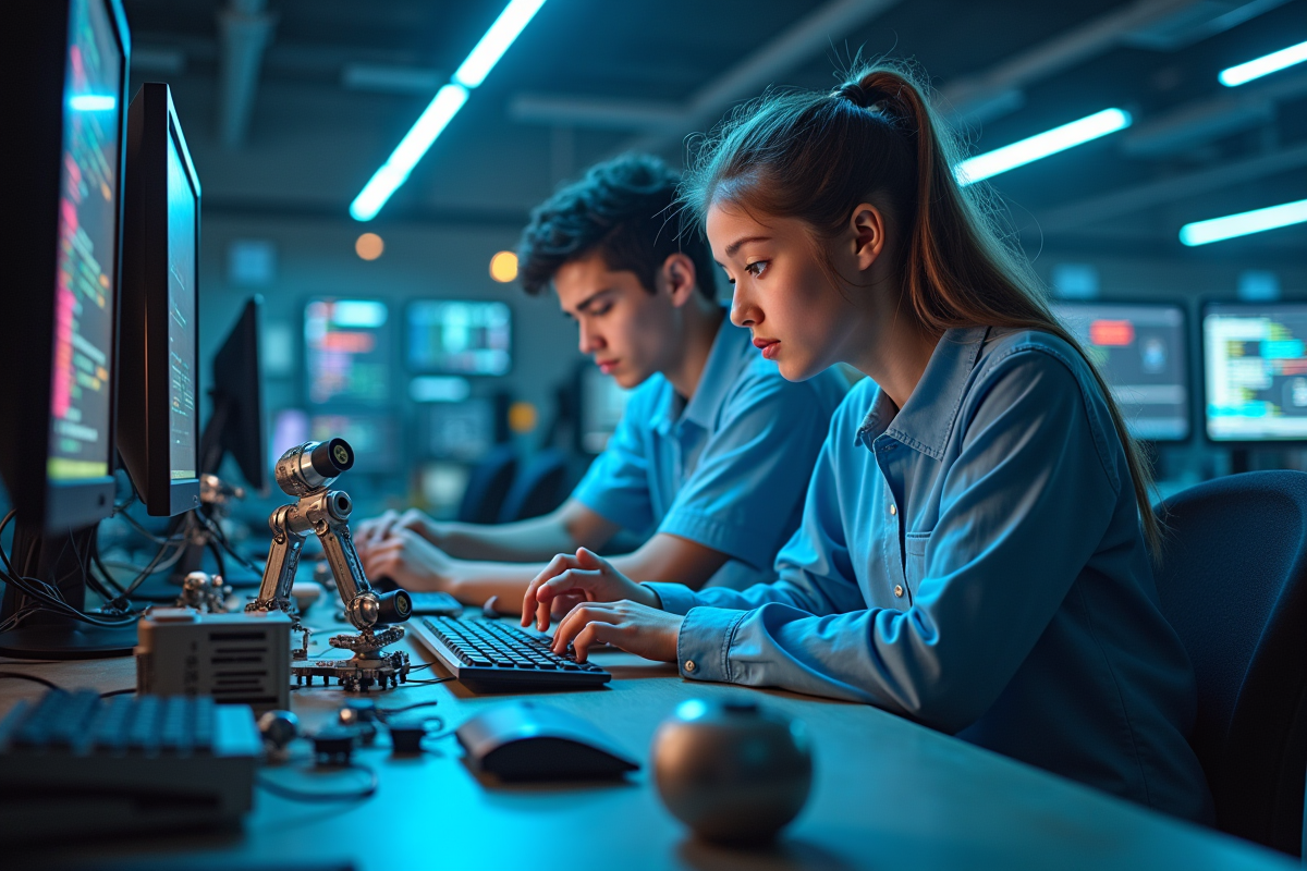 Étudiants collaborant sur un projet de robotique en laboratoire high tech