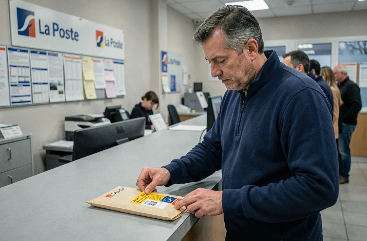 Homme collant un sticker de courrier suivi La Poste sur une enveloppe rembourrée au guichet d'un bureau de poste