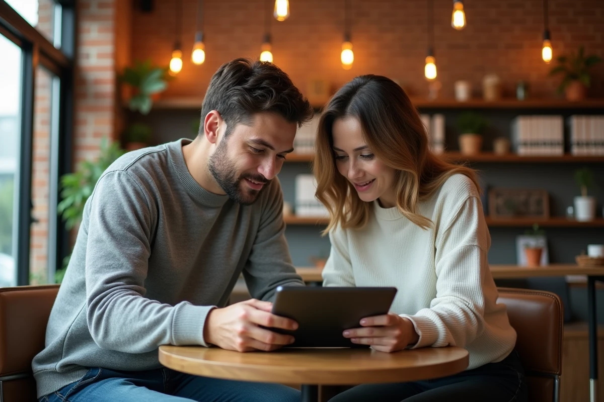 Deux professionnels consultant l'application Kabrax sur une tablette dans un espace de coworking